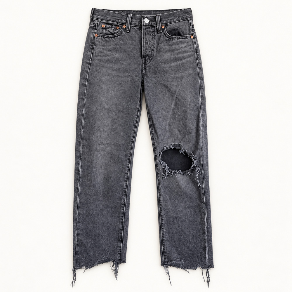 Levi's Premium Wedgie Straight Jeans Gray High Rise Distressed Raw Hem Size 26